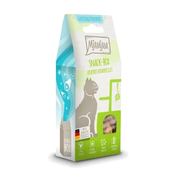 Eine bunte Haustier-Snackbox mit der Aufschrift "Mjamjam! Snack-Box Leckeres Rinderfilet," mit einer Silhouette einer Katze und einem Fenster, das die Leckerlis im Inneren zeigt.