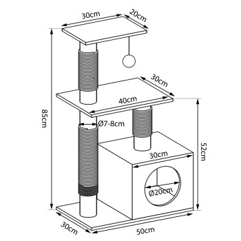 Katzenbaum-Design mit Abmessungen: 85 cm Höhe, 52 cm Breite, mit zwei Plattformen (30 cm x 20 cm), einem würfelförmigen Haus (30 cm x 30 cm) und einem hängenden Ball.