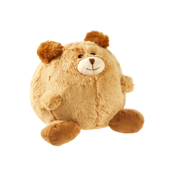 Runder hellbrauner Plüsch-Teddybär, runder Körper mit lächelndem aufgesticktem Gesicht, flauschigen Ohren und braunen pfotenförmigen Füßen