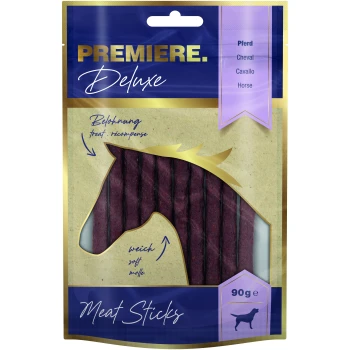 Premiere Deluxe meat sticks for horses, featuring a purple and gold packaging with a horse silhouette, labeled "soft" and "treat."
