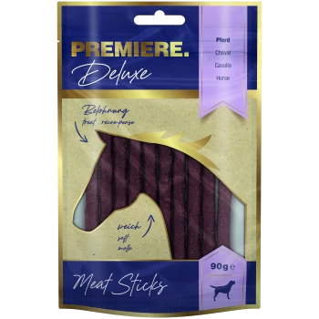 Premiere Deluxe Fleischstangen für Pferde, mit lila und goldener Verpackung und einer Pferdesilhouette, beschriftet mit 'weich' und 'Leckerli.'