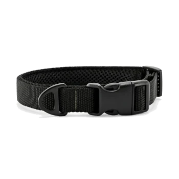 Schwarzes, gepolstertes Nylon-Hundehalsband mit Kunststoff-Schnellverschluss, Metall-D-Ring und atmungsaktiver Mesh-Innenseite