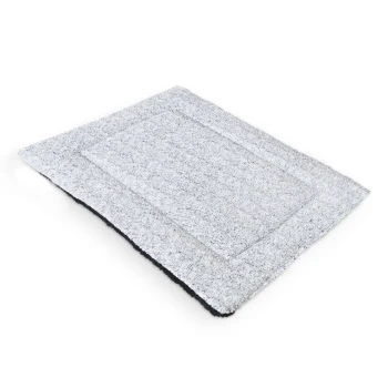 Gray pet mat with a soft, plush texture, featuring a rectangular design and a black underside.