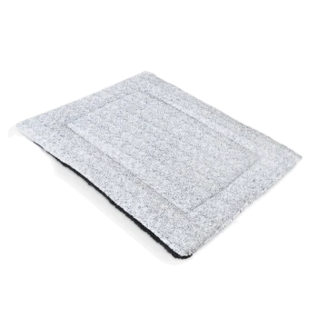 Gray pet mat with a soft, plush texture, featuring a rectangular design and a black underside.