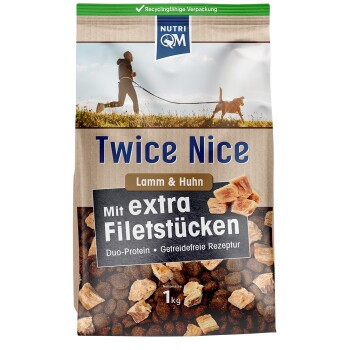 Hundefutterverpackung mit der Aufschrift "Twice Nice", die Lamm und Huhn enthält, mit zusätzlichen Filetstücken. Enthält ein Duo-Protein, getreidefreies Rezept, 1 kg.