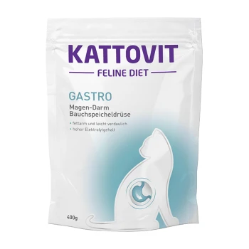 Kattovit Feline Diet Gastro Katzenfutter, 400 g, mit einer Katzensilhouette und Text zu seiner fettarmen, verdaulichen Formel und hohen Elektrolyten.