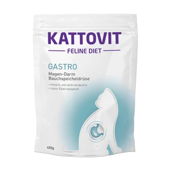 Kattovit Feline Diet Gastro Katzenfutter, 400 g, mit einer Katzensilhouette und Text zu seiner fettarmen, verdaulichen Formel und hohen Elektrolyten.