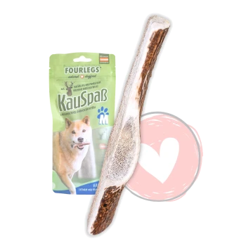 Langer Geweih-Kauknochen neben grünem FOURLEGS 'KauSpaß'-Beutel (Hundebild, Pfote 'M') und rosa Herz.