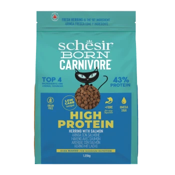 Blue and teal bag of Schesir Born Carnivore high protein cat food with herring and salmon, 1.25 kg, grain free, 43% protein.