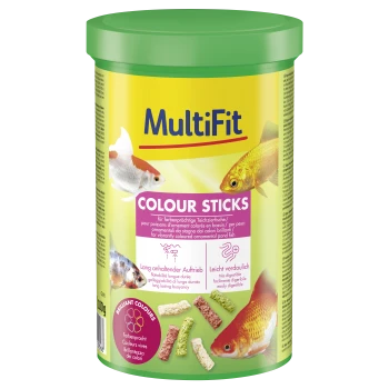 MultiFit Colour Sticks fish food for vibrantly coloured ornamental pond fish, with long buoyancy and easy digestibility, 100g container.