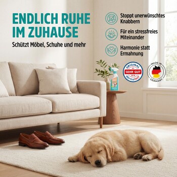 Türkise Sprühflasche mit der Aufschrift "GREEN HERO Knabber-EX" für Welpentraining, mit einem Hundebild und deutschem Text über natürliche Inhaltsstoffe.