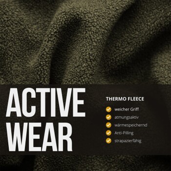 Aktivbekleidungsstoff aus dunkelgrünem Thermofleece, mit wichtigen Eigenschaften: weicher Griff, atmungsaktiv, wärmespeichernd, pillenfrei und langlebig.