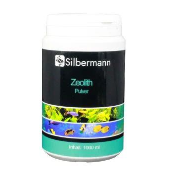 Behälter mit Silbermann Zeolith-Pulver für Aquarien, beschriftet in Schwarz und Grün, mit Bildern von bunten Fischen und Wasserpflanzen.