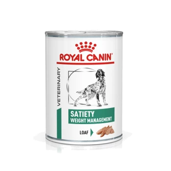 Dosen-Hundefutter von Royal Canin, beschriftet mit 'Sättigung Gewichtsmanagement', mit einer Laib-Textur und einer Silhouette eines Hundes.