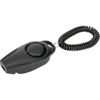 Clicker d'entraînement pour animaux de compagnie noir avec un bouton rond et une sangle de poignet enroulée, conçu pour l'entraînement des chiens et le renforcement du comportement.