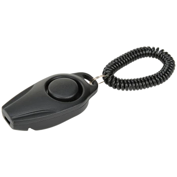 Clicker d'entraînement pour animaux de compagnie noir avec un bouton rond et une sangle de poignet enroulée, conçu pour l'entraînement des chiens et le renforcement du comportement.