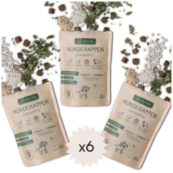 HundeHappen Schlafmotze Haustierfuttertüten, mit veganen Zutaten, mit Illustrationen eines Hundes und Schlafsymbolen, mit der Aufschrift "x6".