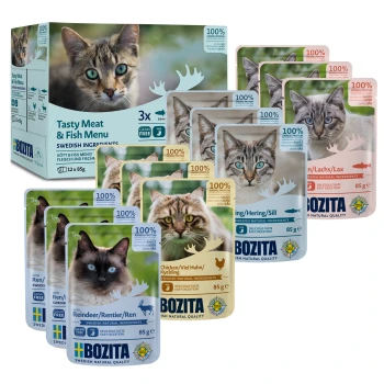 Ein 12er-Pack Bozita Katzenfutterbeutel (je 85 g) in den Geschmacksrichtungen Lachs, Huhn und Rentier, mit 100% tierischem Protein und ohne Getreide.