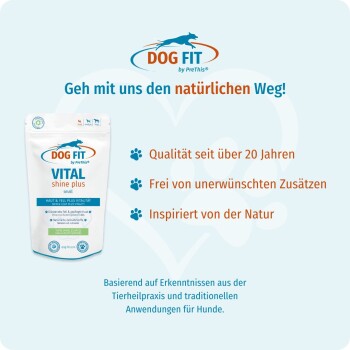 Dog Fit Vital Shine Plus Beutel und Logo mit deutschem Slogan 'Geh mit uns den natürlichen Weg!' und Vorteilsaufzählungen.