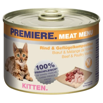 Eine Dose Premiere Meat Menu für Kätzchen mit einer getigerten Katze auf dem Etikett, mit dem Hinweis "100% Frisches Fleisch" und "Rind- und Geflügel-Mischung."
