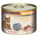 Une boîte de menu de viande Premiere pour chatons avec un chat tigré sur l'étiquette, avec un texte indiquant "100% Viande Fraîche" et "Mélange de Bœuf et de Volaille."