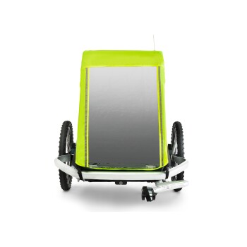 Ein leuchtend grüner Haustieranhänger mit einer transparenten Front, montiert auf zwei schwarzen Rädern, entworfen für das Radfahren mit Haustieren.