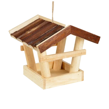 Wooden bird feeder with a slanted roof, featuring a natural wood finish and hanging rope, designed for outdoor use.