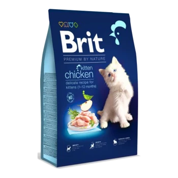 Eine Tüte Brit Premium-Kittenfutter mit einem verspielten weißen Kätzchen auf der Vorderseite, beschriftet mit 'Hühnchen' und einer Beschreibung für Kätzchen im Alter von 1-12 Monaten.