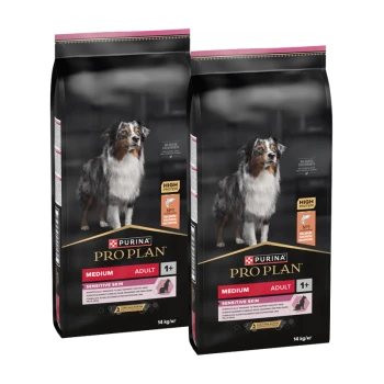 Two bags of Purina Pro Plan dog food for medium adult dogs, labeled "High Protein" and "No added colourants," with a dog image.