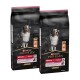 Zwei Beutel Purina Pro Plan Hundefutter für mittelgroße erwachsene Hunde, mit der Aufschrift "Hoher Proteingehalt" und "Keine Farbstoffe", mit einem Hundebild.