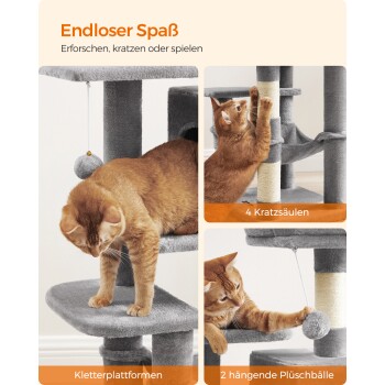 Eine orangefarbene Katze spielt auf einem Katzenbaum mit 4 Kratzpfosten, 2 Plüschbällen und Kletterplattformen. Text: "Endloser Spaß" und "Kletterplattformen."