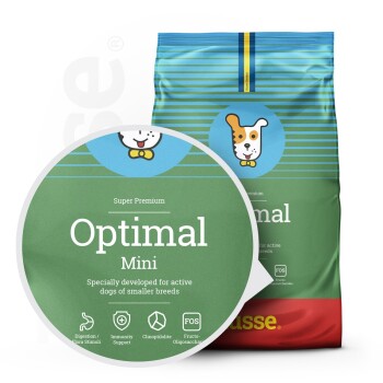 Super Premium Hundefutterbeutel beschriftet mit 'Optimal Mini', entworfen für aktive kleine Hunderassen, mit Symbolen für Verdauung, Immunitätsunterstützung und FOS.