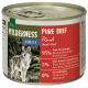 Eine Dose Wilderness Pure Beef Hundefutter mit einem Wolf auf dem Etikett. Es steht 95% Rindfleisch, 5% Früchte und Kräuter und 0% zugesetzte Körner.