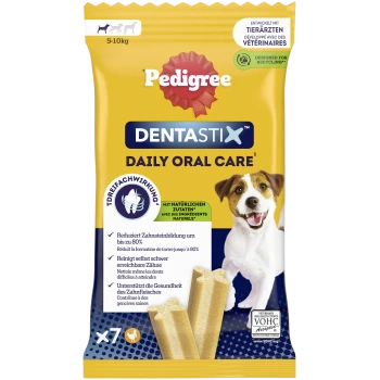 Pedigree Dentastix Daily Oral Care Hundesnacks für Hunde von 5-10 kg, reduziert Zahnstein, unterstützt Zahnfleischgesundheit, 7 Stück.