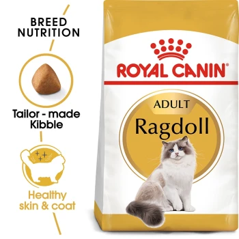 Royal Canin Adult Ragdoll cat food bag featuring a Ragdoll cat image, with text highlighting breed nutrition and benefits for healthy skin and coat.