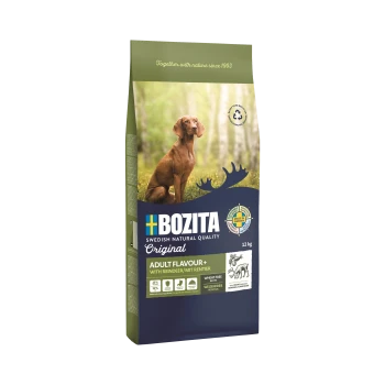 Hundetrockenfutterbeutel mit der Marke Bozita, beschriftet "Adult Flavour+" mit Rentier, 12 kg, und dem Hinweis, dass es weizenfrei ist.