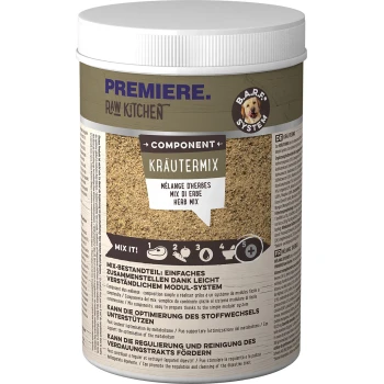 RAW KITCHEN Kräutermix 500g Behälter von Premiere Raw Kitchen Kräutermix, eine Kräutermischung für Haustiere, mit Anweisungen zum Mischen mit Fleisch, Gemüse und Wasser.