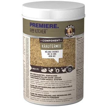 Behälter von Premiere Raw Kitchen Kräutermix, eine Kräutermischung für Haustiere, mit Anweisungen zum Mischen mit Fleisch, Gemüse und Wasser.