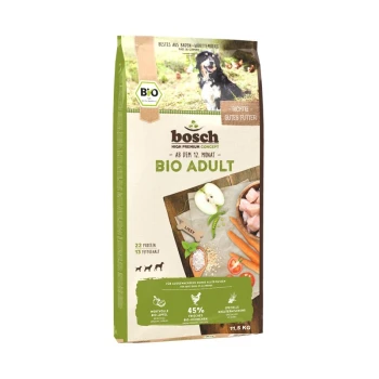 BIO Adult Hühnchen + Apfel 11.5 kg Bosch Bio Adult Hundefutterbeutel, 11,5 kg, mit einem schwarzen Hund auf der Vorderseite, mit Zutaten wie Huhn, Äpfeln und Karotten.