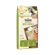 Bosch Bio Adult Hundefutterbeutel, 11,5 kg, mit einem schwarzen Hund auf der Vorderseite, mit Zutaten wie Huhn, Äpfeln und Karotten.