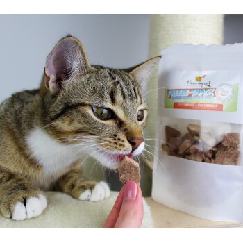 Eine getigerte Katze knabbert eifrig an einem gefriergetrockneten Entenleckerlis, mit einem "Freeze-Snack Entenbrust" Sack im Hintergrund.