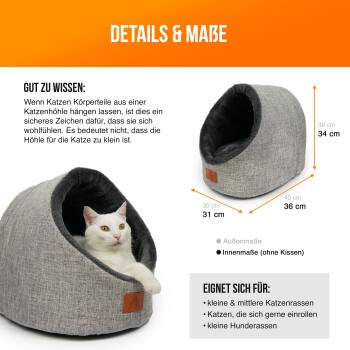 Graue Katzenhöhle mit weichem Innenraum, Abmessungen 40x36 cm, geeignet für kleine bis mittelgroße Katzen und kleine Hunderassen.