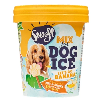 Contenant de Snoofl Mix pour glace à chien, mettant en vedette un golden retriever et le texte "Let's Go Banana!" sur un fond coloré.