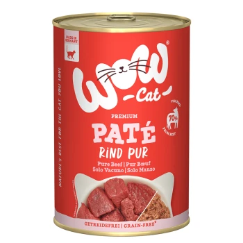 Rote Dose mit WOW-Cat Premium-Pâté, mit dem Etikett "Pure Beef", mit Bildern von rohen Rindfleischstücken und Text, der angibt, dass es getreidefrei ist.