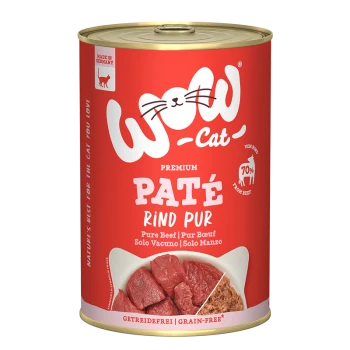 Canette rouge de pâté premium WOW-Cat, avec l'étiquette "Pure Beef", avec des images de morceaux de bœuf cru, et un texte indiquant qu'il est sans céréales.