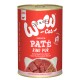 Rote Dose mit WOW-Cat Premium-Pâté, mit dem Etikett "Pure Beef", mit Bildern von rohen Rindfleischstücken und Text, der angibt, dass es getreidefrei ist.