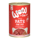 Rote Dose mit WOW-Cat Premium-Pâté, mit dem Etikett "Pure Beef", mit Bildern von rohen Rindfleischstücken und Text, der angibt, dass es getreidefrei ist.