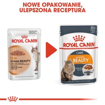 Obraz dwóch torebek karmy dla kotów Royal Canin: po lewej "Gravy Intense Beauty", po prawej "Care Intense Beauty", z napisem "NOWE OPAKOWANIE, ULEPSZONA RECEPTURA."