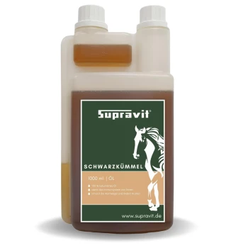 Flasche Supravit Schwarzkümmel 1000 ml Öl für Pferde, natürliche Immununterstützung und Atemwegserleichterung.