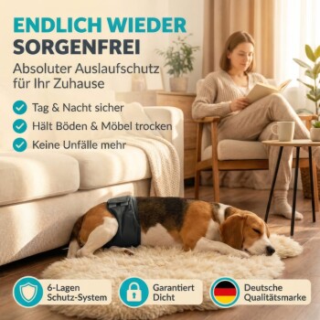 Ein Mann umarmt einen Golden Retriever in einer blauen Windel auf dem Boden eines modernen Wohnzimmers. Der Text darüber sagt: "Große Bewegungsfreiheit Ganz ohne Auslaufen."